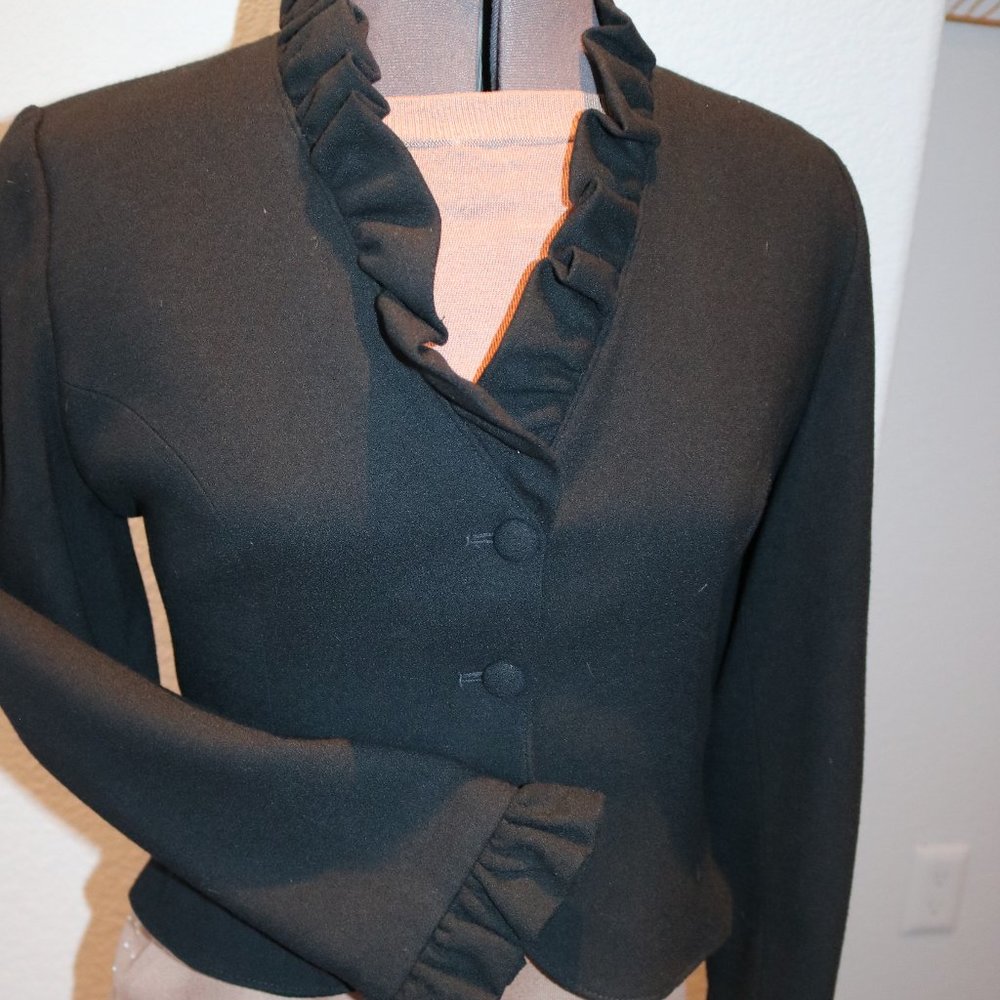 Vintage Bert Newman Women’s Crop Jacket Black Wool  Sz. Petit S Ruffed Collar